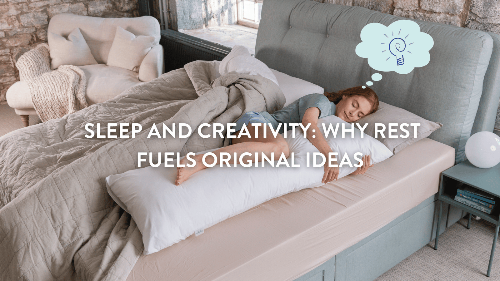 A woman sleeping on a bed with a large pillow, dreaming with an idea thought bubble.