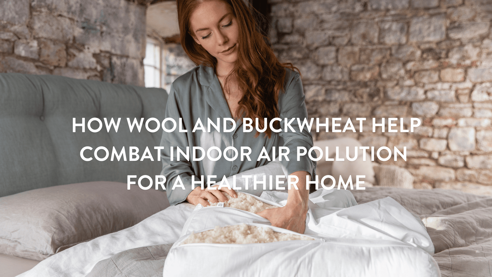 Person indoors showing the contents of Putnams 100% British Wool Pillow