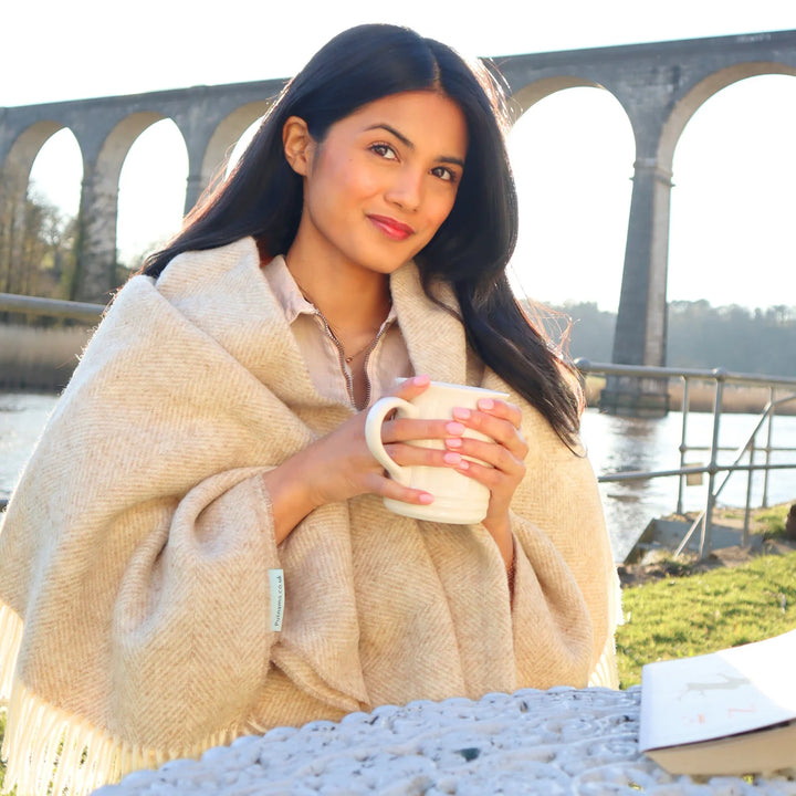 British Lambswool Blanket - neutral herringbone
