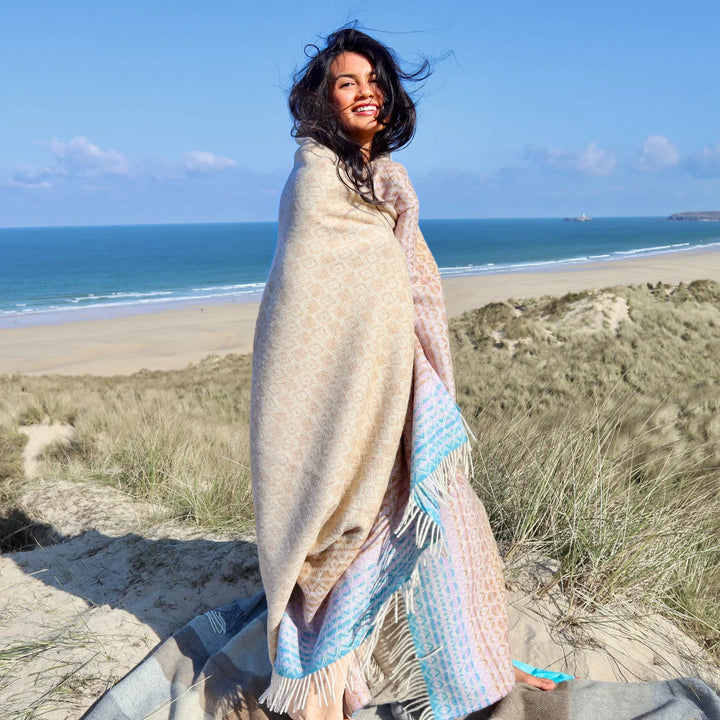 British Lambs Wool Blanket - cream brown blue lilac purple pink diamond print