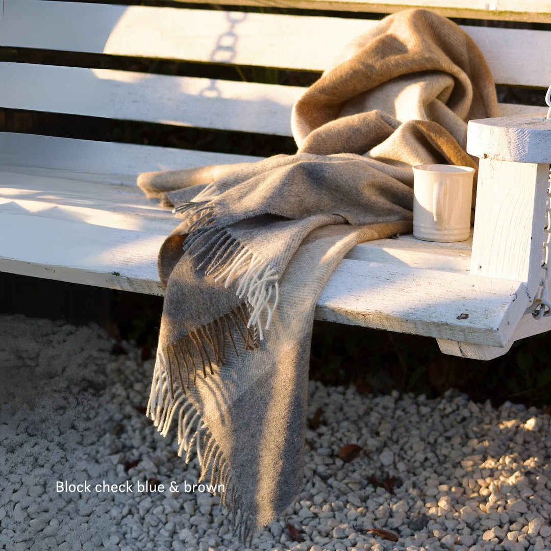 British Lambs Wool Blanket - brown and blue check pattern
