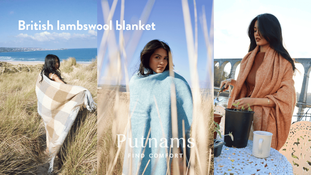 British Lambs Wool Blanket - brown and blue check pattern
