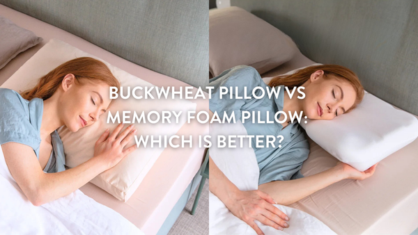 Split screen of a person sleeping on a Putnams Buckwheat pillow and a person sleeping on a Putnams Memory Foam Pillow 