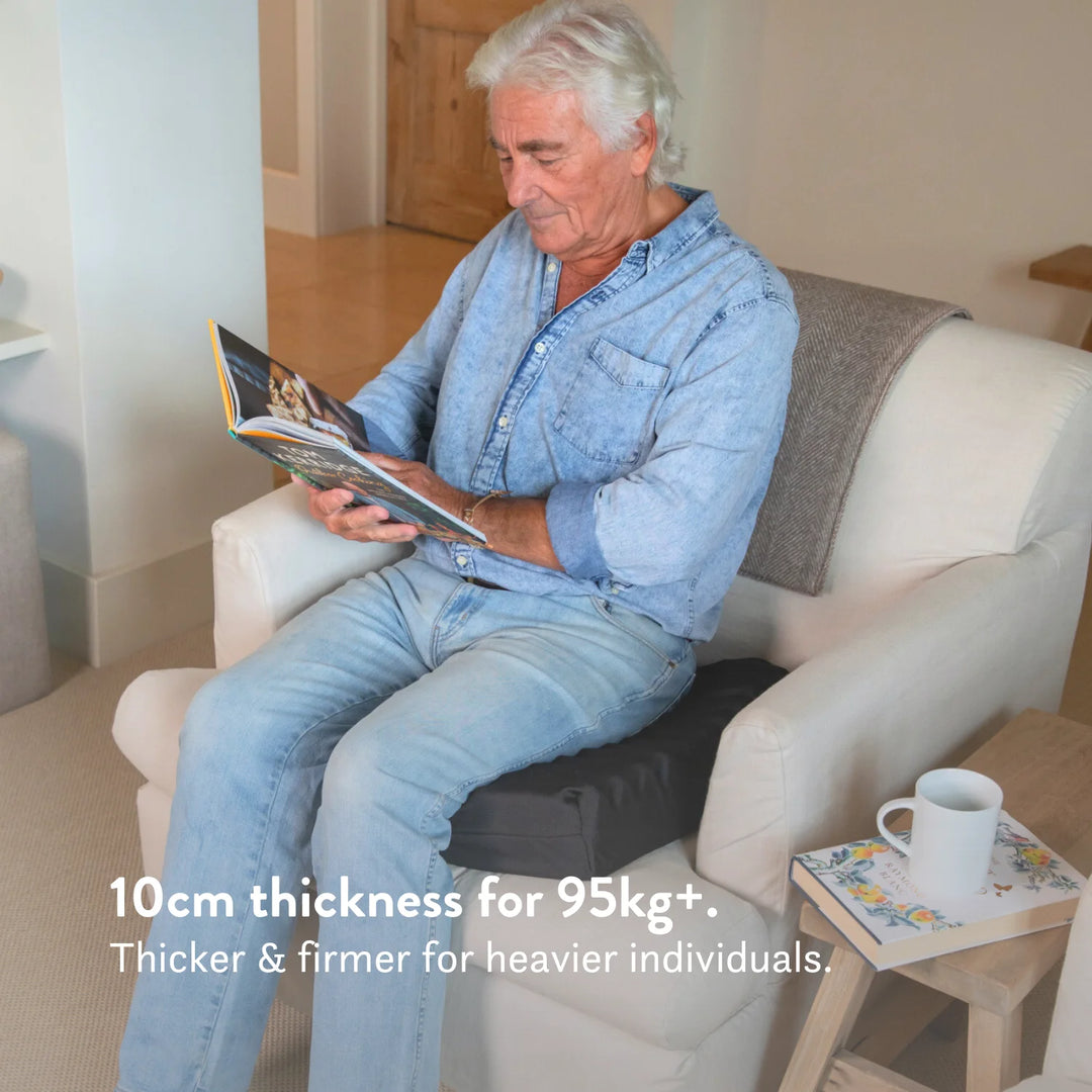 Tailbone Pain Cushion with a cut out for pressure relief at the back of the cushion. Stretch navy blue or black cover available in different sizes. High density foam with a 2 year guarantee.