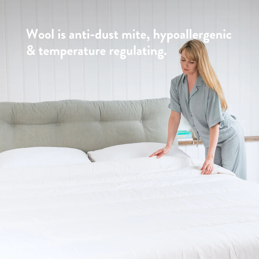 Wool duvet is anti dust mite, hypoallergenic & temperature regulating.