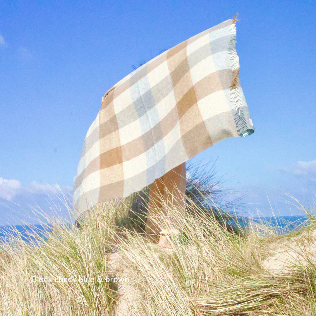 British Lambs Wool Blanket - brown and blue check pattern
