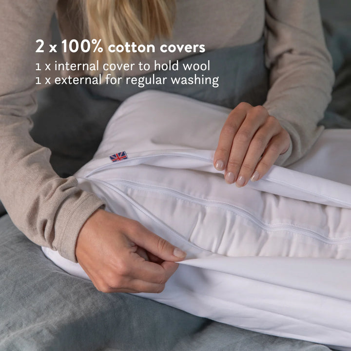 British Wool Contour Pillow - Natural, Anti-Allergy, Luxury Putnams Chemical free UK Best Wool pillow 100% cotton OEKO tex standard 100 handmade in the UK