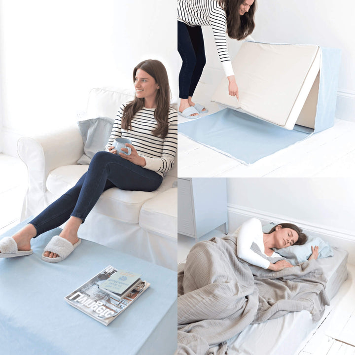 Linen Fold Out Bed / Footstool Putnams blue guest bed BEST HOLIDAY LET BEDS UK Devon