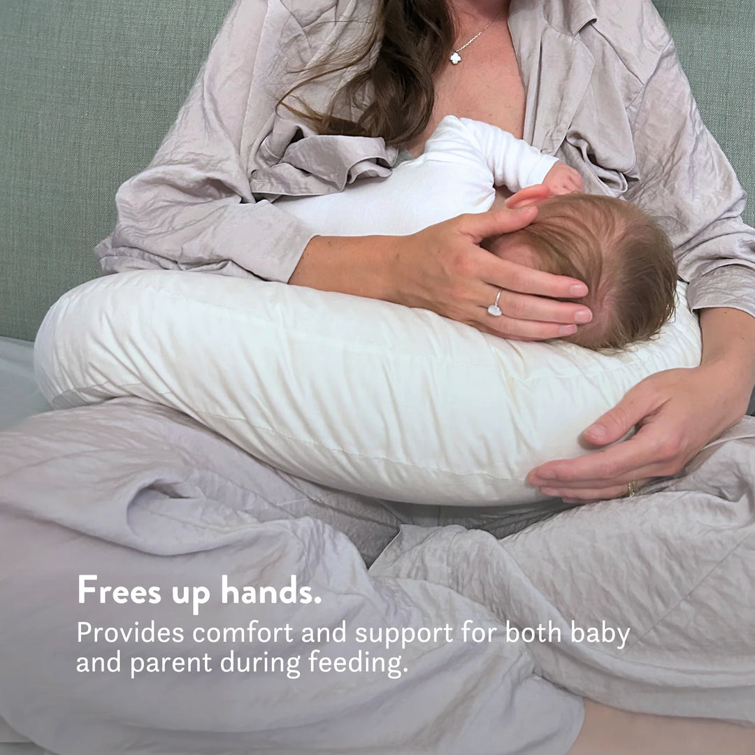 Organic Nursing Pillow - Bottle & Breastfeeding Pillow with unbleached 100% cotton cover and visible zip, placed on a bed OEKOTEX standard 100 natural plastic free British wool
