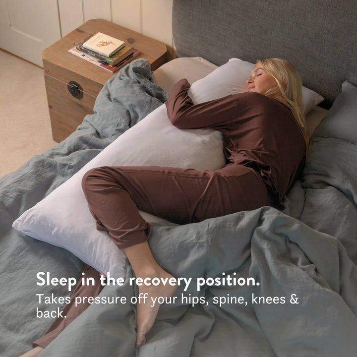 Wool Body Pillow - Side Sleep & Pregnancy 100% cotton cover. For hips, knee, shoulder and back pain. Natural materials. No plastics. How to sleep in recovery positon.