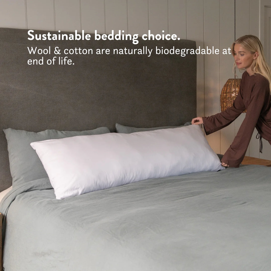 Wool Body Pillow - Side Sleep & Pregnancy 100% cotton cover. For hips, knee, shoulder and back pain. Natural materials. No plastics.