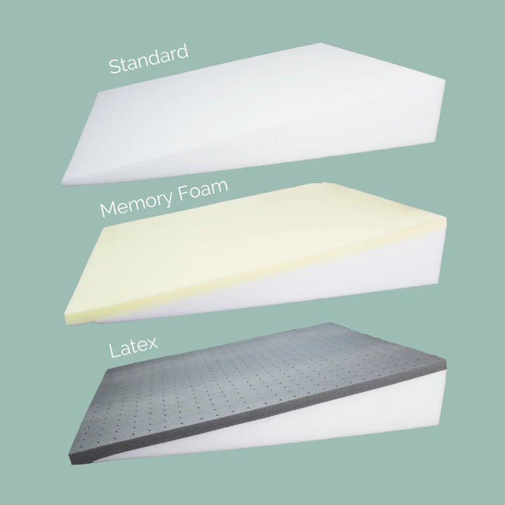 Standard bed wedge, memory foam bed wedge and latex bed wedge.